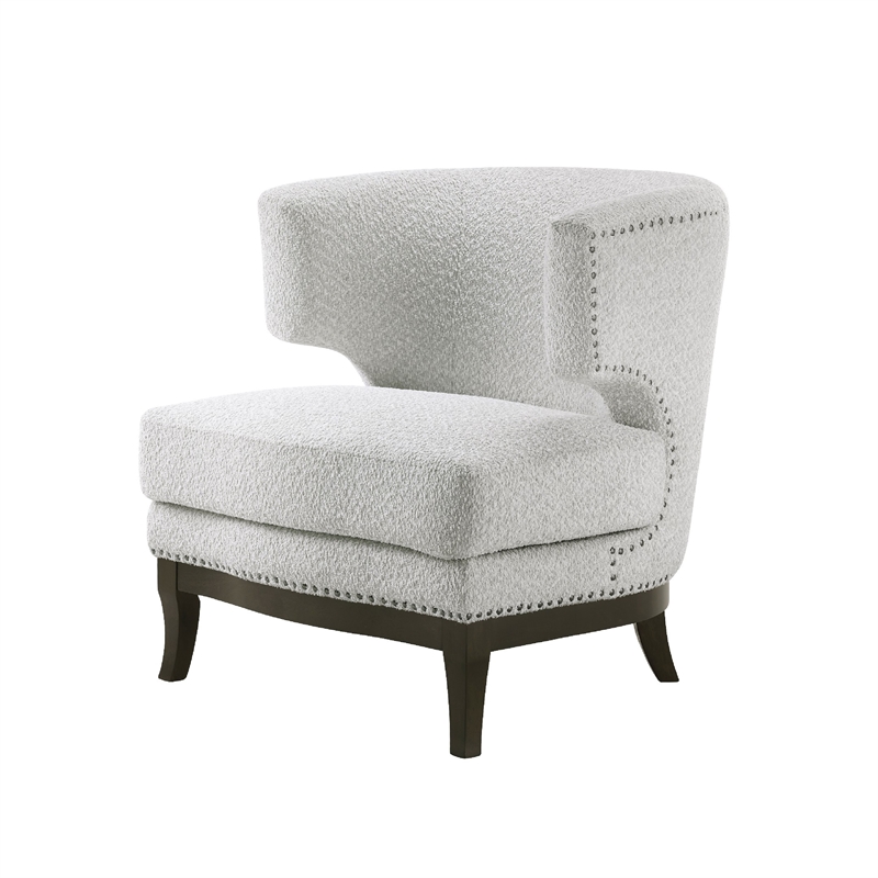 Accent Chair- Barrel Back- Gray Boucle w Nailheads- Brown Wood