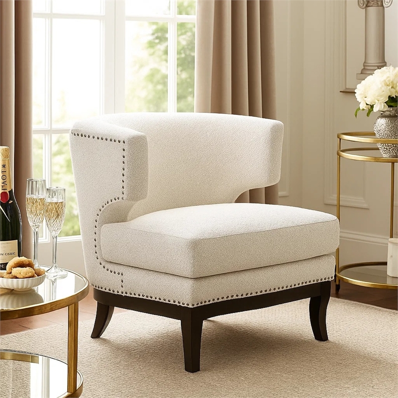 Accent Chair- Barrel Back- Gray Boucle w Nailheads- Brown Wood