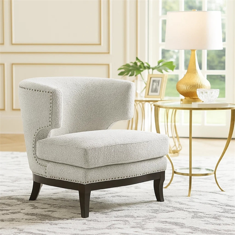 Accent Chair- Barrel Back- Gray Boucle w Nailheads- Brown Wood