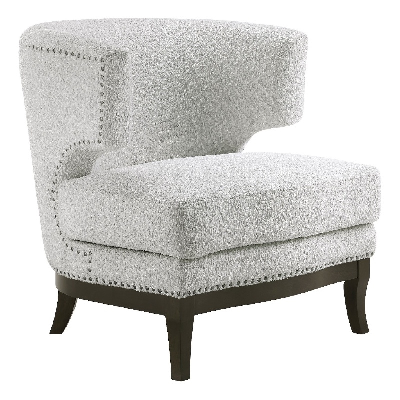 Accent Chair- Barrel Back- Gray Boucle w Nailheads- Brown Wood