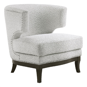 Accent Chair- Barrel Back- Gray Boucle w Nailheads- Brown Wood