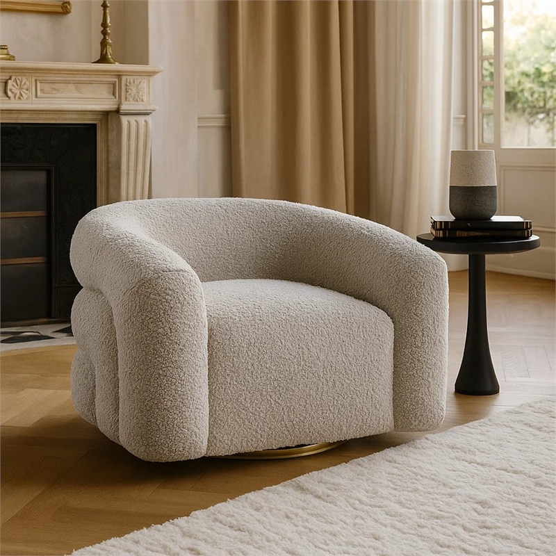 Swivel Accent Chair- Sculpted Barrel Back- Foam Fill- Gray Boucle