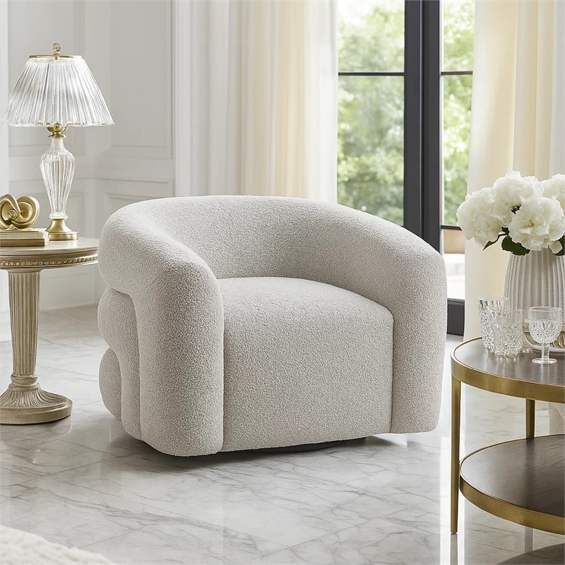 Swivel Accent Chair- Sculpted Barrel Back- Foam Fill- Gray Boucle