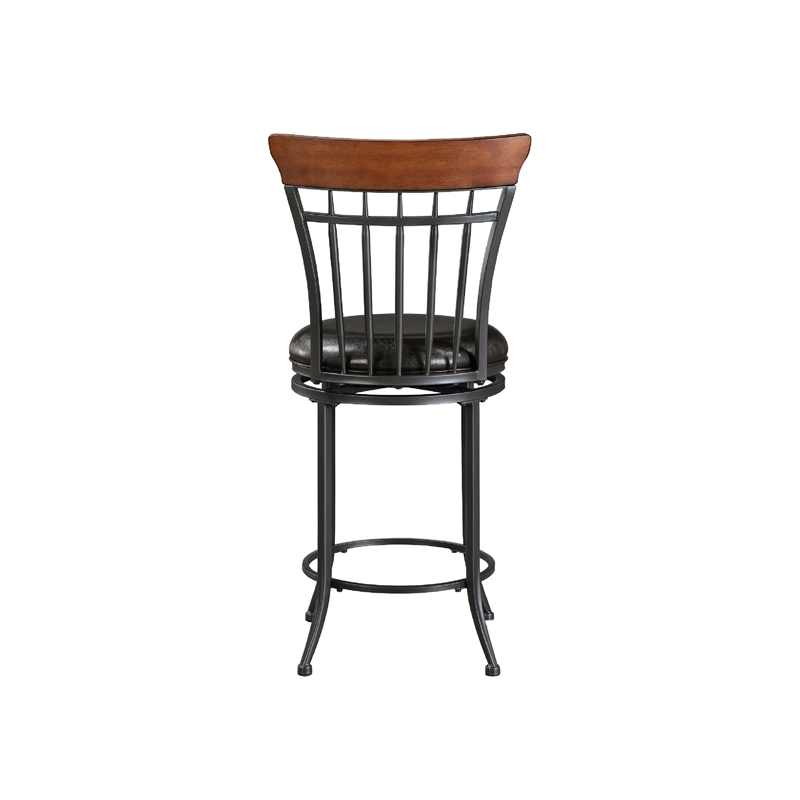 Swivel Counter Chair- Brown Faux Leather- Wood Back- Black Metal