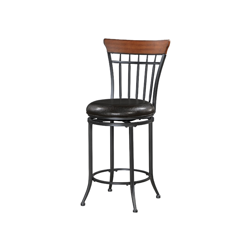 Swivel Counter Chair- Brown Faux Leather- Wood Back- Black Metal