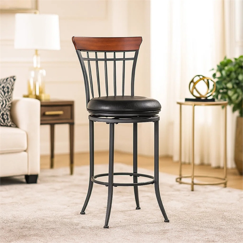 Swivel Counter Chair- Brown Faux Leather- Wood Back- Black Metal