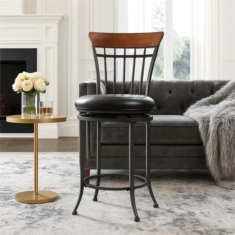 Swivel Counter Chair- Brown Faux Leather- Wood Back- Black Metal