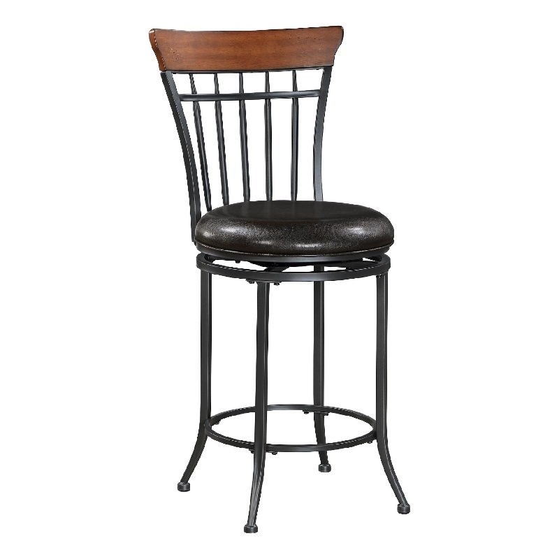 Swivel Counter Chair- Brown Faux Leather- Wood Back- Black Metal