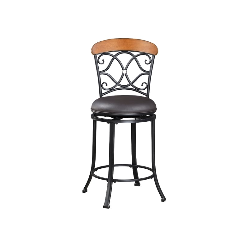 Swivel Counter Chair- Scroll Back- Brown Faux Leather- Black Metal
