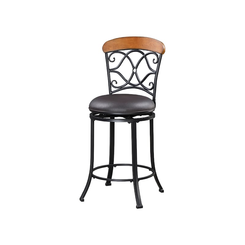 Swivel Counter Chair- Scroll Back- Brown Faux Leather- Black Metal
