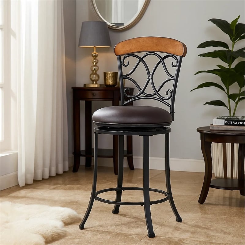 Swivel Counter Chair- Scroll Back- Brown Faux Leather- Black Metal