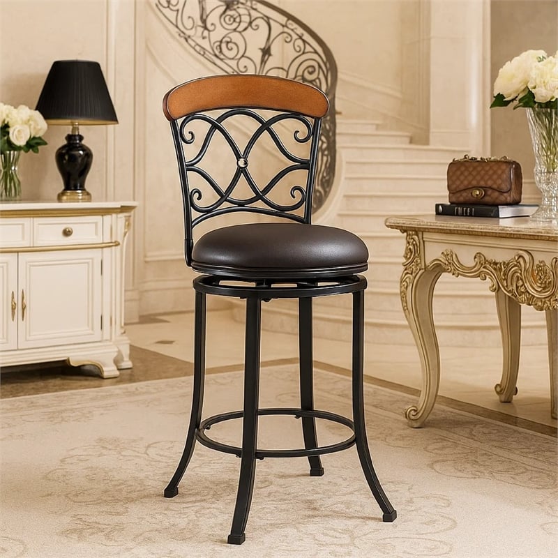 Swivel Counter Chair- Scroll Back- Brown Faux Leather- Black Metal