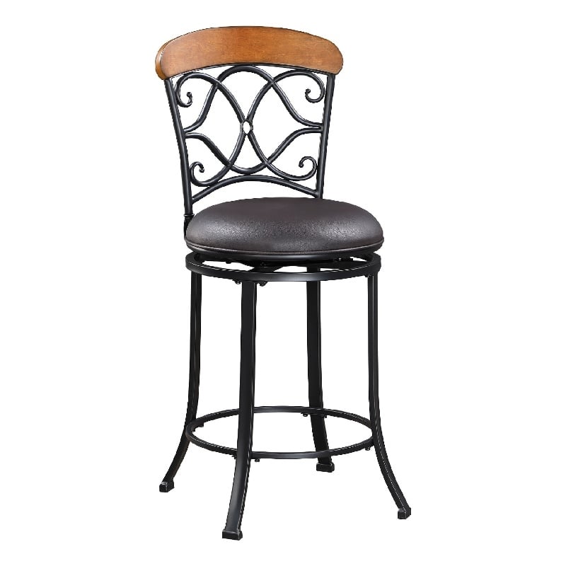 Swivel Counter Chair- Scroll Back- Brown Faux Leather- Black Metal