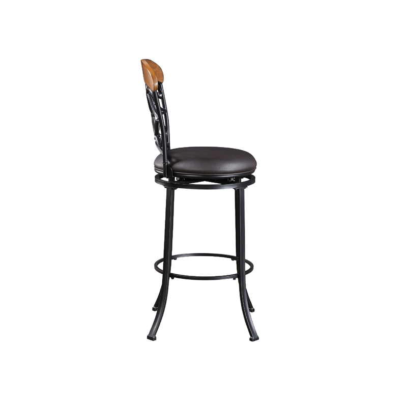 Swivel Bar Height Chair- Scroll Back- Faux Leather- Black Metal