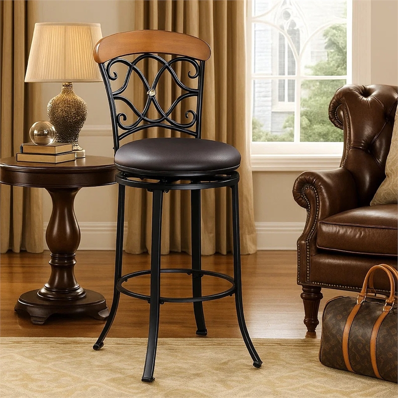 Swivel Bar Height Chair- Scroll Back- Faux Leather- Black Metal