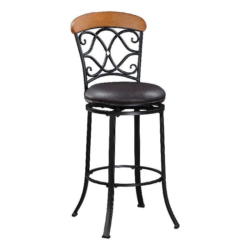 Swivel Bar Height Chair- Scroll Back- Faux Leather- Black Metal