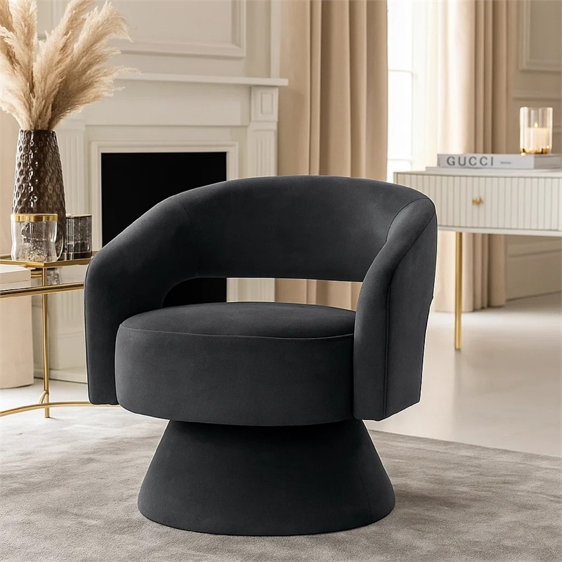 Swivel Accent Chair- Barrel Style- Foam Padded- Dark Gray Velvet