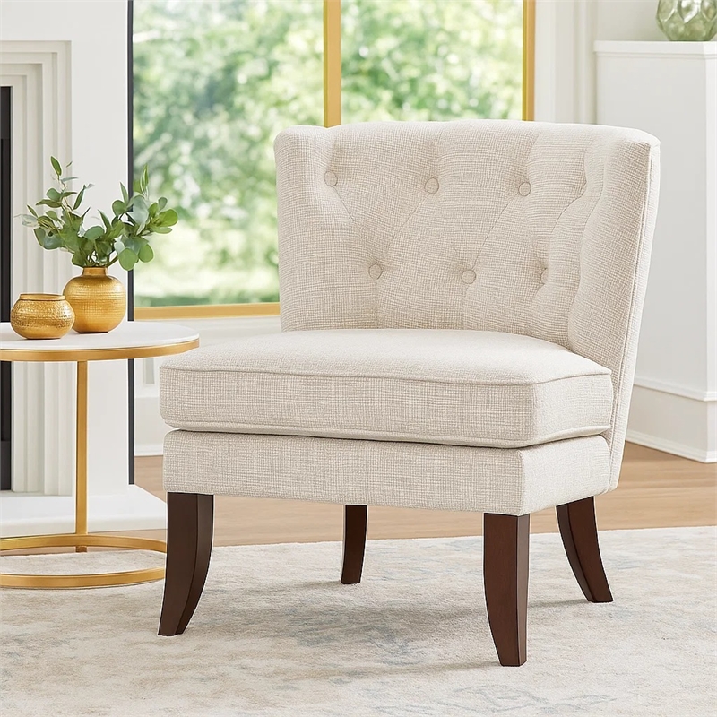 Accent Chair- Button Tufted Wingback- Beige Polyester- Brown Legs