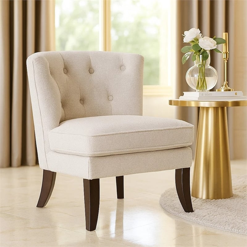 Accent Chair- Button Tufted Wingback- Beige Polyester- Brown Legs