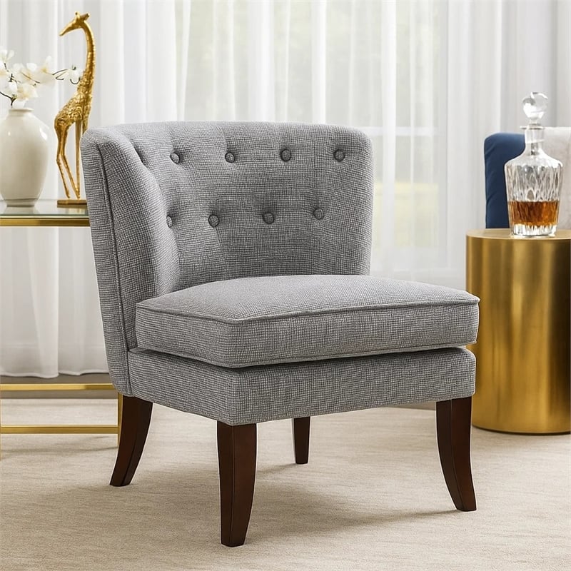 Accent Chair- Button Tufted Wingback- Dark Gray Polyester- Brown