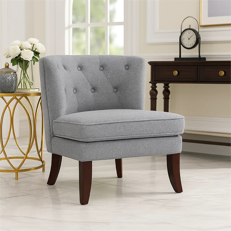 Accent Chair- Button Tufted Wingback- Dark Gray Polyester- Brown