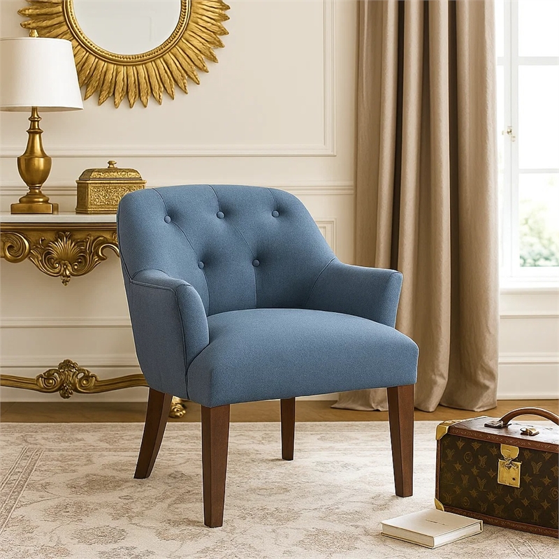 Accent Armchair- Button Tufted Back- Sloped Arms- Blue Polyester