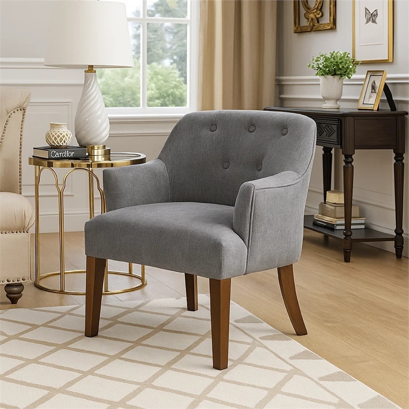 Accent Armchair- Button Tufted Back- Sloped Arms- Gray Polyester