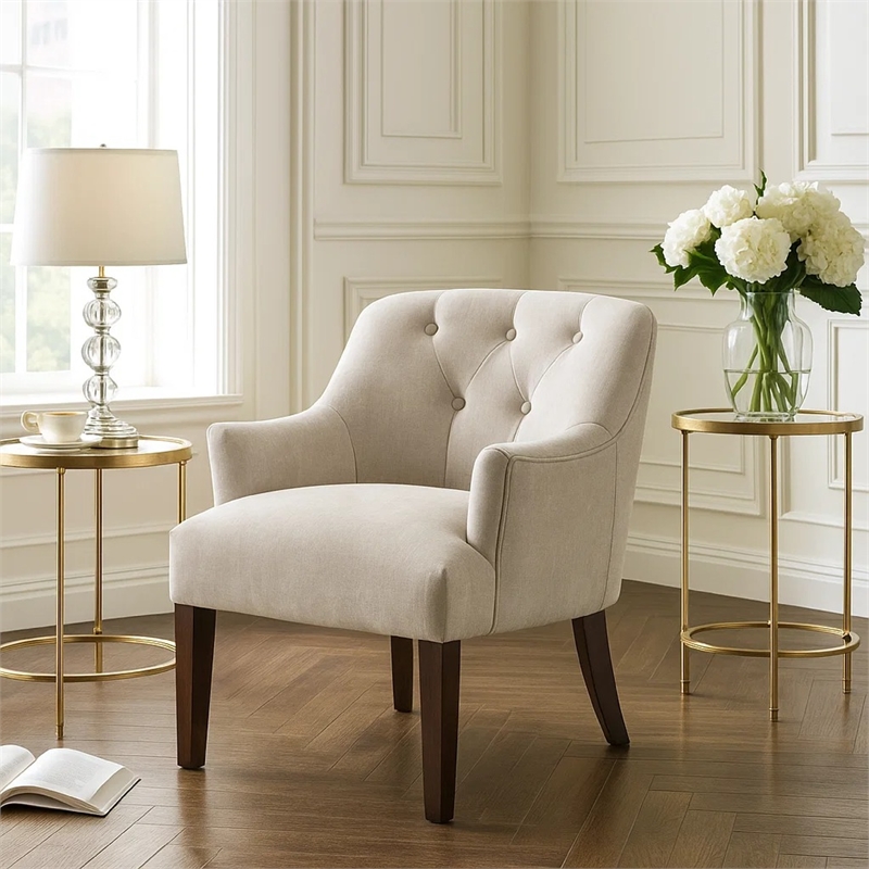 Accent Armchair- Button Tufted Back- Sloped Arms- Beige Polyester
