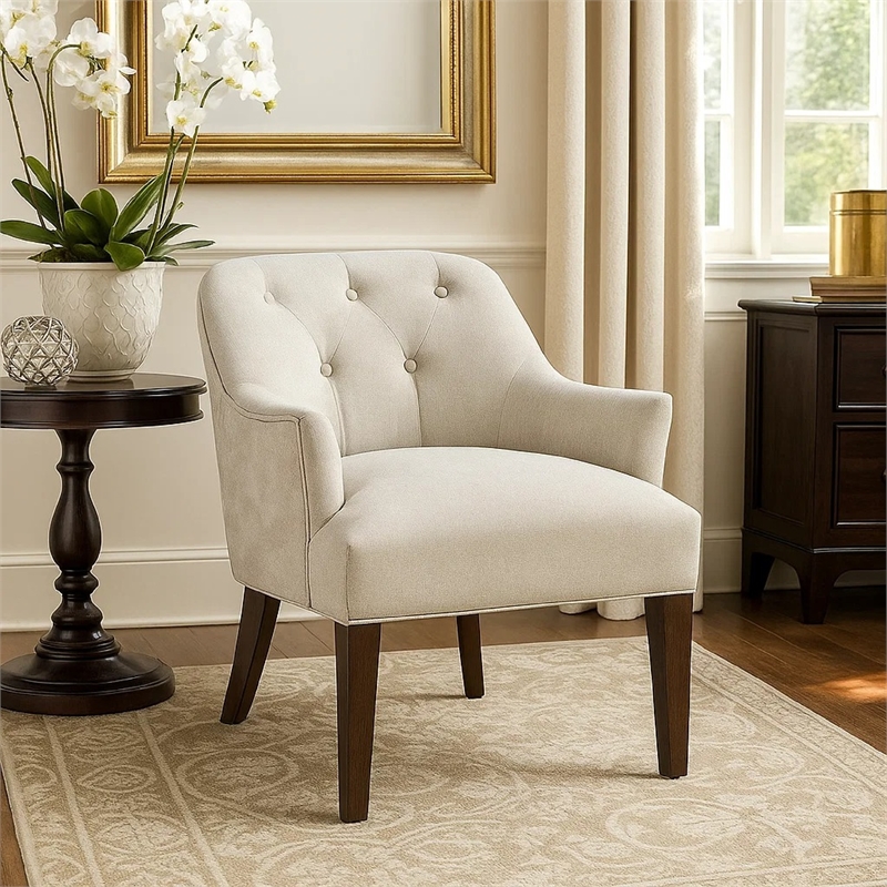 Accent Armchair- Button Tufted Back- Sloped Arms- Beige Polyester