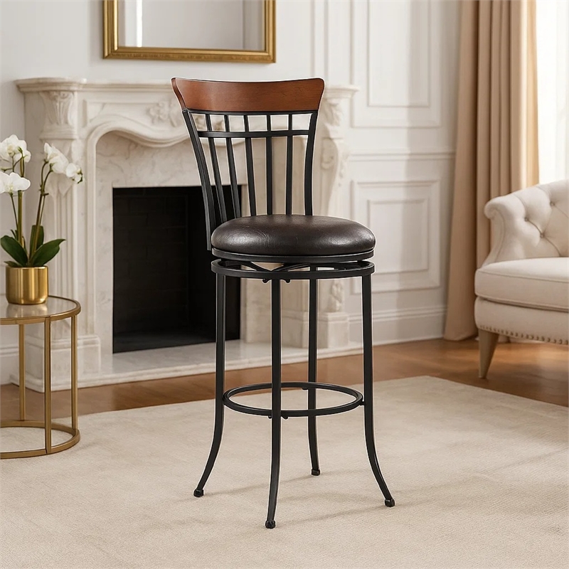 Swivel Bar Height Chair- Brown Faux Leather- Black Metal