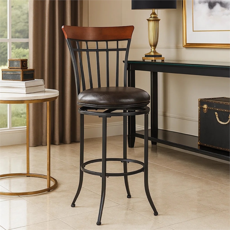 Swivel Bar Height Chair- Brown Faux Leather- Black Metal