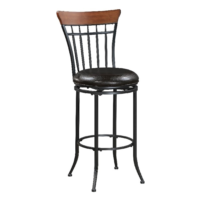 Swivel Bar Height Chair- Brown Faux Leather- Black Metal