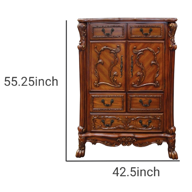 Benjara Wooden Chest With 5 Drawers and 2 Door Cabinets- Cherry Oak Brown