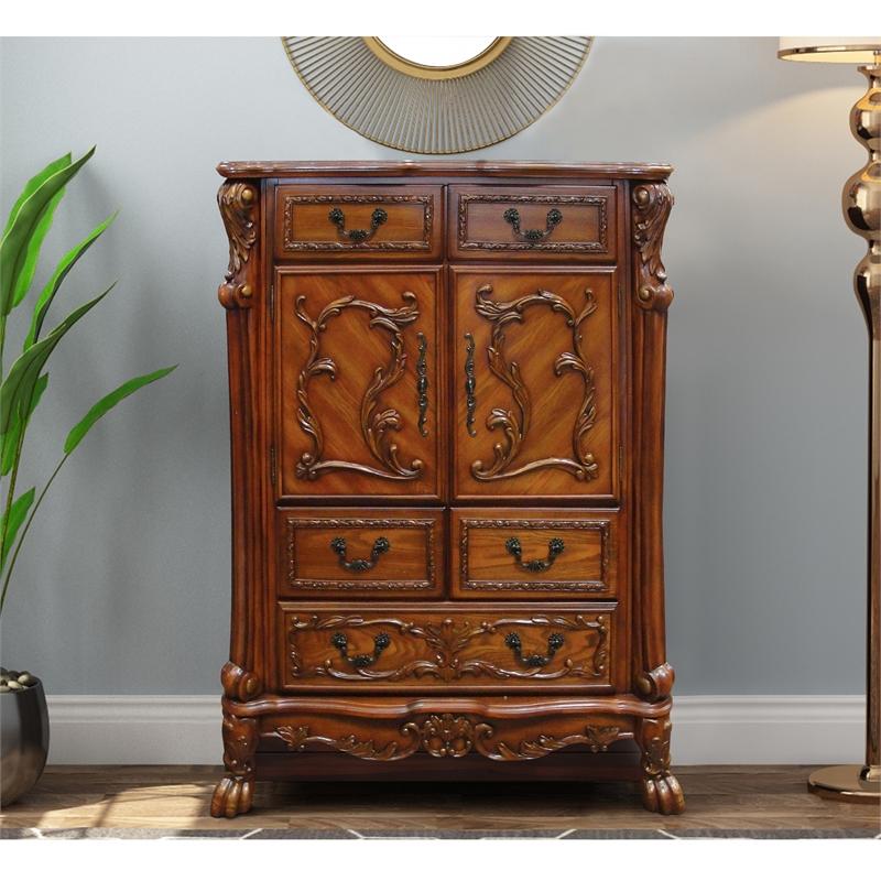 Benjara Wooden Chest With 5 Drawers and 2 Door Cabinets- Cherry Oak Brown