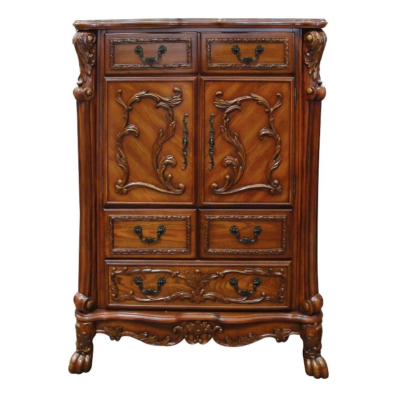 Benjara Wooden Chest With 5 Drawers and 2 Door Cabinets- Cherry Oak Brown