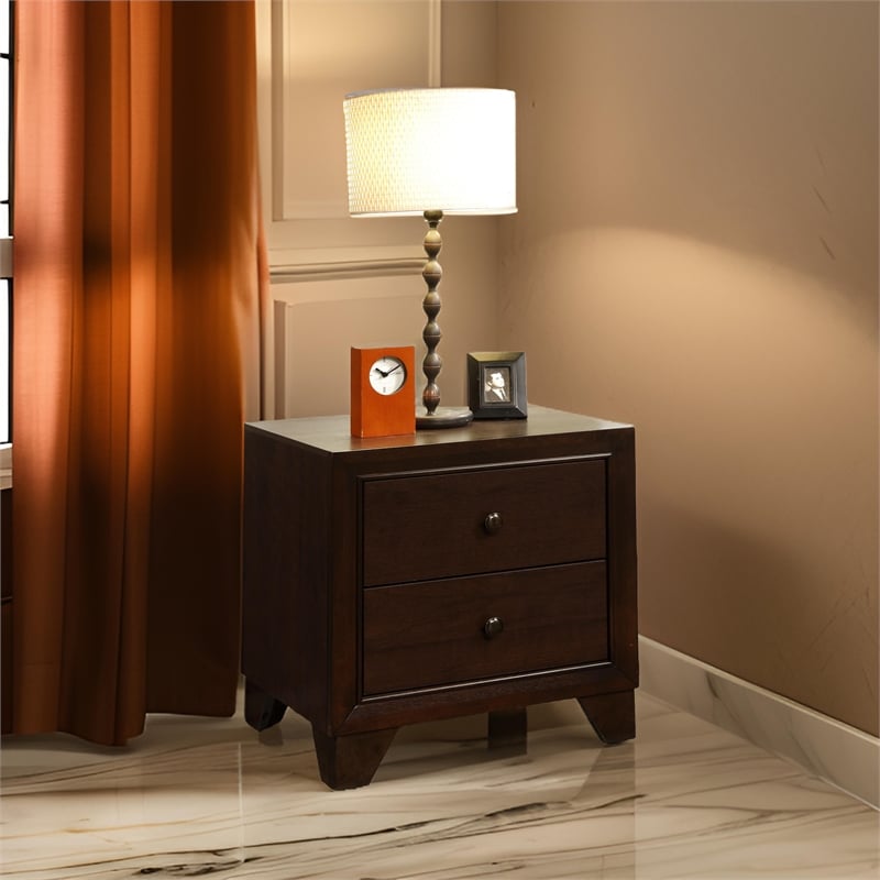 Benjara Wooden Night Stand with Two Drawer - Espresso Brown