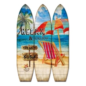 Benjara Lounge & Umbrella Print Surfboard Shaped 3 Panel Room Divider-Multicolor