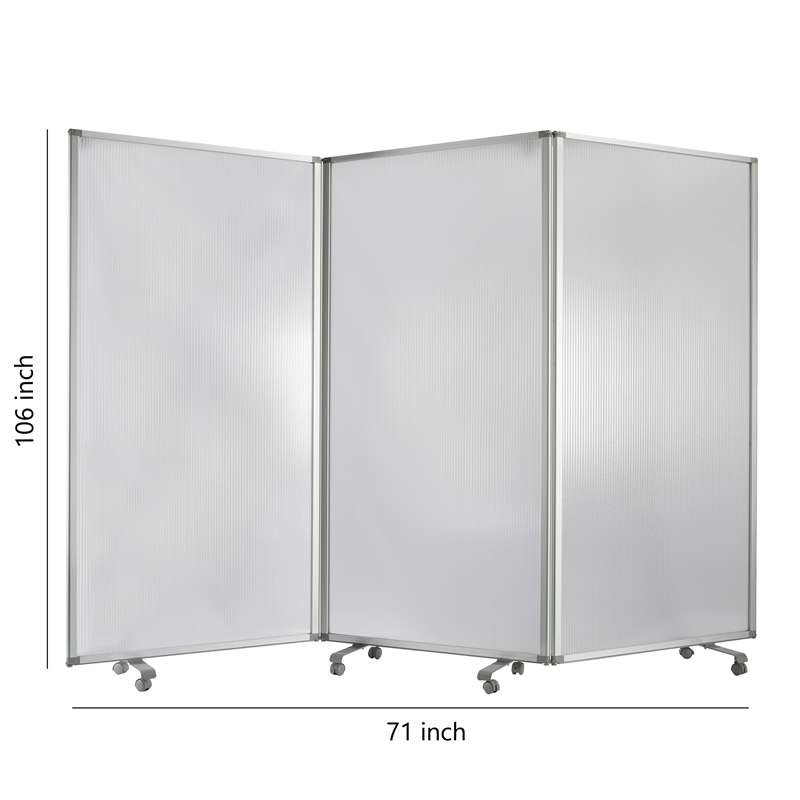 Benjara Accordion Style Plastic Inserts 3 Panel Room Divider with Casters- Gray