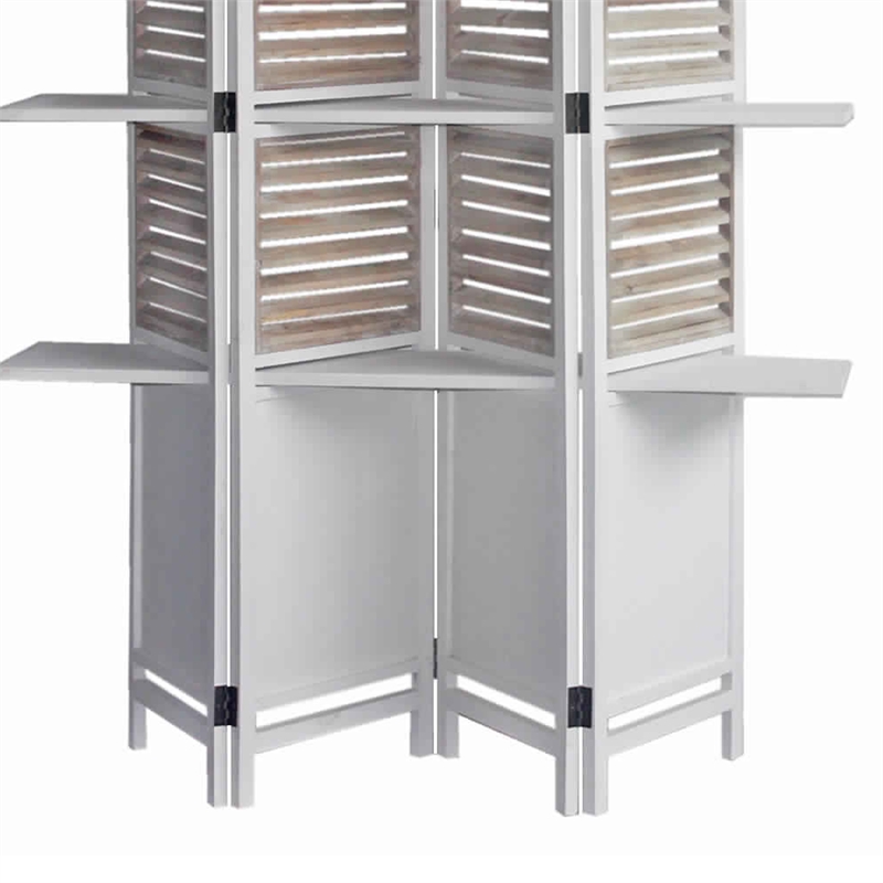 Benjara Contemporary 4 Panel Wooden Screen with Art Styled Shutter Design- White