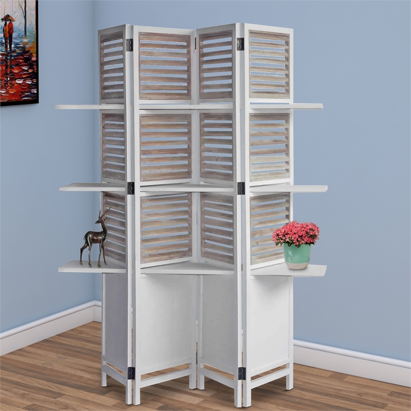 Benjara Contemporary 4 Panel Wooden Screen with Art Styled Shutter Design- White