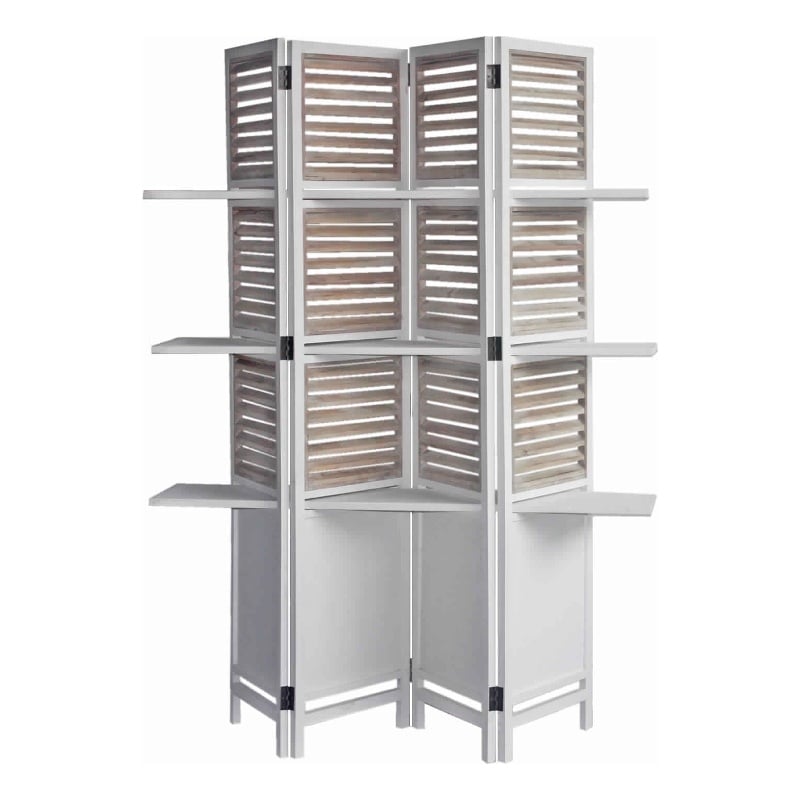 Benjara Contemporary 4 Panel Wooden Screen with Art Styled Shutter Design- White