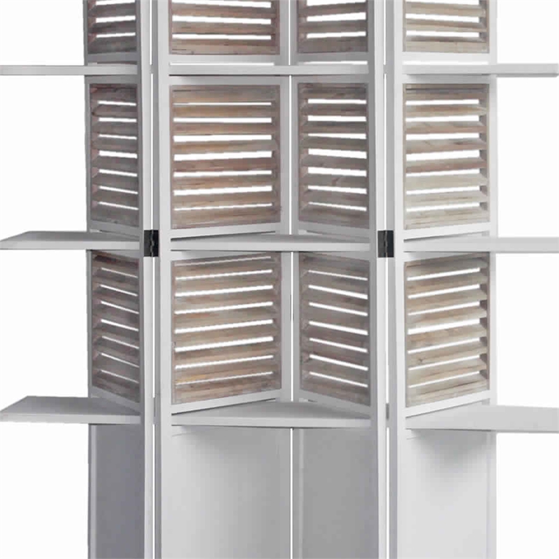 Benjara Contemporary 4 Panel Wooden Screen with Art Styled Shutter Design- White