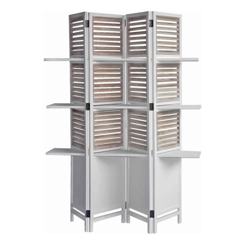 Benjara Contemporary 4 Panel Wooden Screen with Art Styled Shutter Design- White