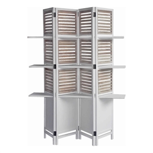 Benjara Contemporary 4 Panel Wooden Screen with Art Styled Shutter Design- White