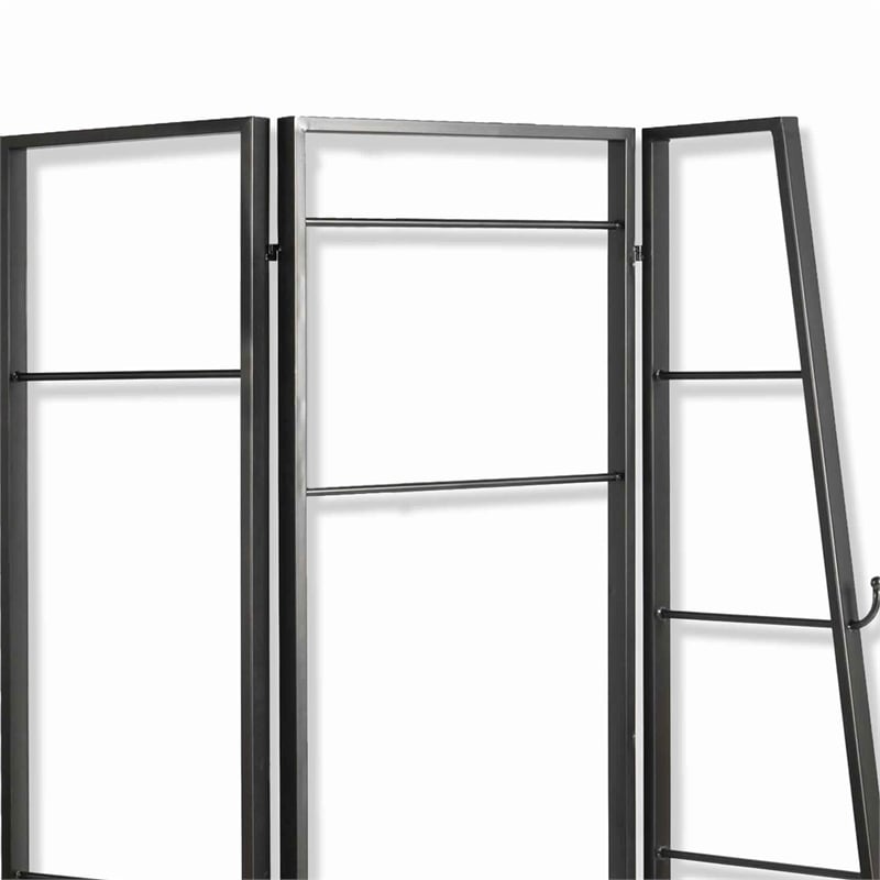 Benjara Modern Style 3 Panel Metal Screen with Hooks and Rod Hangings- Black