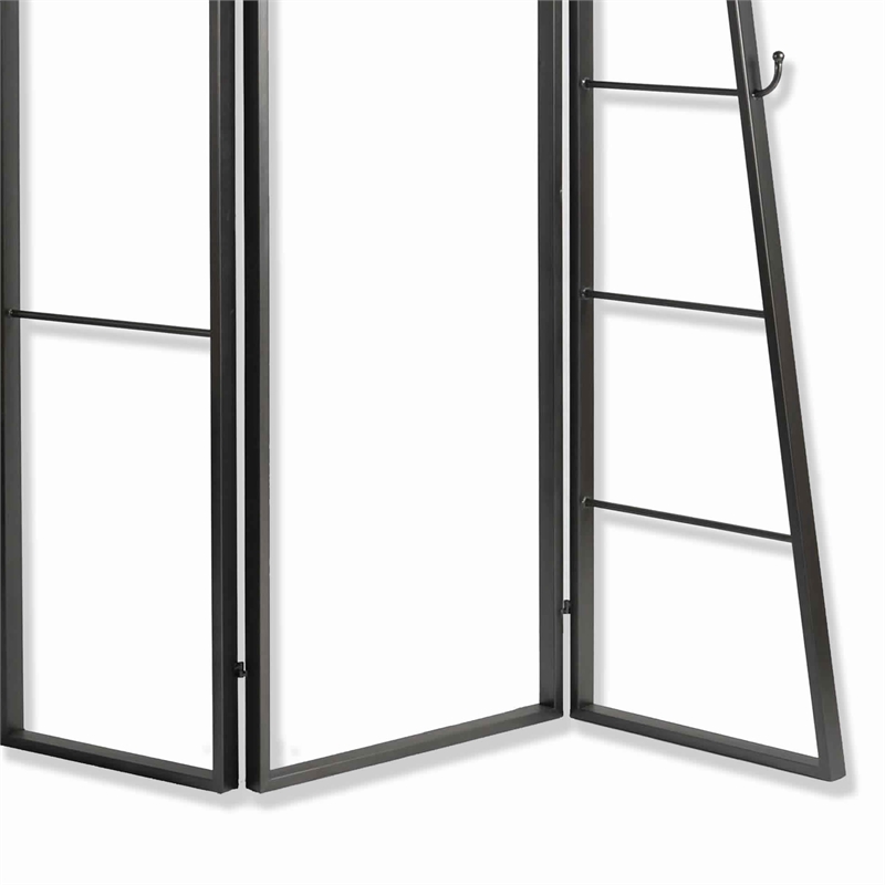 Benjara Modern Style 3 Panel Metal Screen with Hooks and Rod Hangings- Black