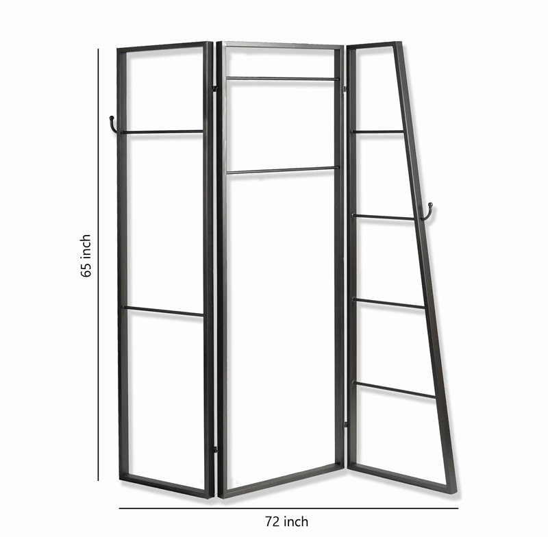 Benjara Modern Style 3 Panel Metal Screen with Hooks and Rod Hangings- Black