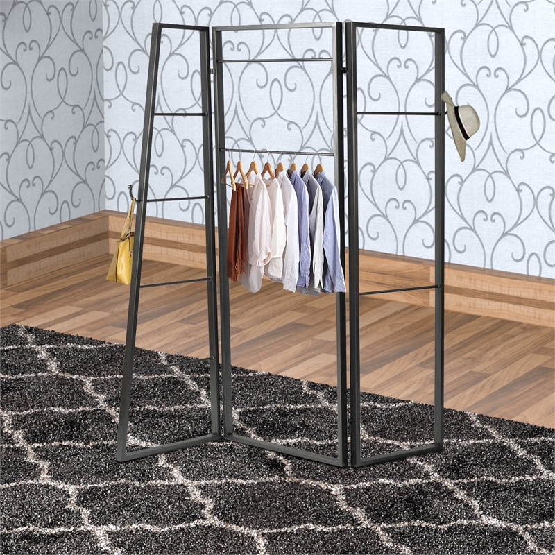 Benjara Modern Style 3 Panel Metal Screen with Hooks and Rod Hangings- Black