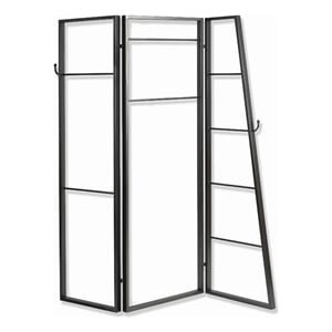 Benjara Modern Style 3 Panel Metal Screen with Hooks and Rod Hangings- Black
