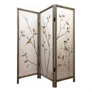 Benjara Art Styled 3 Panel Wooden Screen with Hand painted Fabric Design- Beige